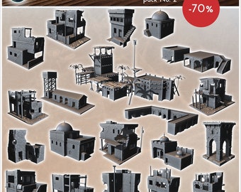 May include: A set of 20 grey 3D printed desert scenery buildings, including houses, towers, and ruins. The buildings are all in various states of disrepair, with some having collapsed walls and others having missing roofs. The set is labeled "Desert Sceneries pack No. 2 -70%".