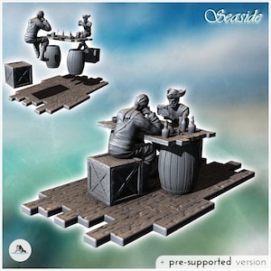 Escena con dos piratas jugando a las cartas sobre una mesa de madera con botellas (18) - STL 3D Printing Pirate Jungle Island Beach Caribbean Medieva