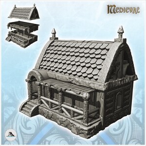 Medieval house with large awning on platform - STL 3D Print Dark Gothic Feudal Old Saga DnD Mini Arkham RPG Frostgrave Malifaux DBA