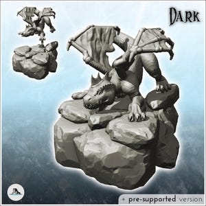 Young winged dragon sitting on rock (26) - STL 3D Printing Printer Model Sla Fdm Prints D&D RPG