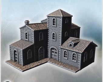 Multi building stone village block with central tower and connected residential units (33) - STL 3D Printing Modern Conflicts 20th 21st Cent