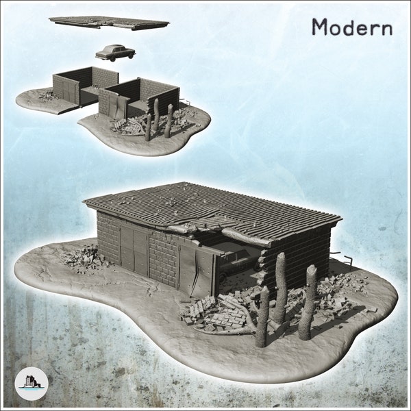 Damaged parking shed - STL 3D Printing Printer Miniatures Tabletop Cold Era Modern Warfare Conflict World War 3 WW2 Stalingrad Urban