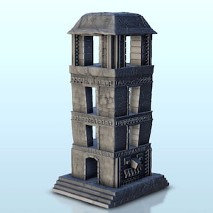 May include: A three-story stone tower with a square base and a flat roof. The tower has multiple windows and a doorway. The tower is made of a light gray stone with dark gray accents.