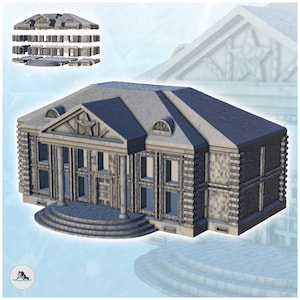 May include: A detailed model of a gray stone building with a white star on the front. The building has a large front porch with steps leading up to the entrance. The model is made of plastic and is designed to be used as a miniature building for a tabletop game or diorama.