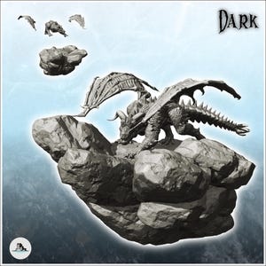 May include: A grey, detailed dragon figurine perched on a rocky outcrop. The dragon has wings spread wide and a spiky tail. The word "DARK" is written in a stylised font in the top right corner of the image.