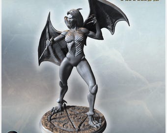 Female demonic figure with wings, fangs, clawed feet, and aggressive stance ready to attack (44) - STL 3D Printing Artistic Sculpture Adult