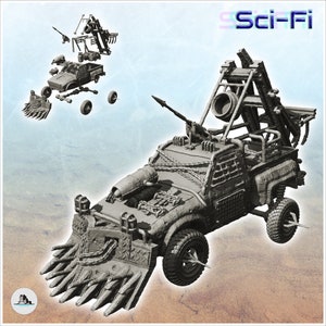 Post-apo pick-up with front shovel, harpoon - STL 3D Printing model SF Futuristic Futur Post apocalypse Postapo Cyberpunk Cyber Zombie
