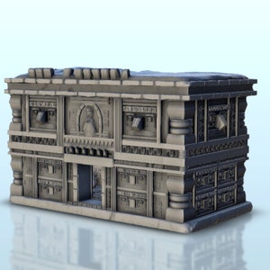 May include: A gray stone building with a detailed facade, featuring multiple windows, a doorway, and intricate carvings. The building has a flat roof and is made of a textured material.