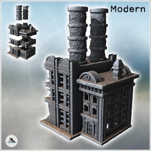 Destroyed modern factory with double chimneys and two storeys (3) - STL 3D Printing Post-apo apocalypse SF Sci-Fi Star Cyberpunk Future Spac