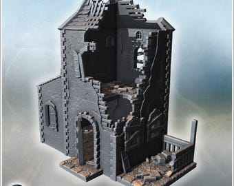 Severely damaged stone townhouse with collapsed floors exposed rooms and rubble base (35) - STL 3D Printing Modern Conflicts 20th 21st Centu