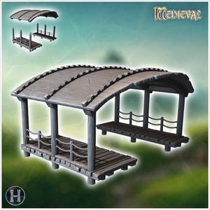 Puede incluir: Un detallado puente medieval en miniatura de color gris con un techo curvo y tablones de madera. El puente presenta barandillas de cuerda y está diseñado para juegos de mesa o construcción de modelos. La palabra "Medieval" se muestra en la esquina superior derecha.