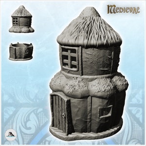 Round two-storey dwelling with wooden logs and straw roof (15) - STL 3D Printing Print Medieval Gothic Feudal Old Saga DnD Mini