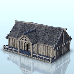Medieval house with terrace and thatched roof (1) - STL 3D Print Dark Gothic Feudal Old Saga DnD Mini Arkham RPG