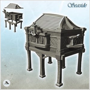 Puede incluir: Modelo arquitectónico gris de una estructura costera. El modelo presenta un techo detallado, ventanas y elementos decorativos. Se eleva sobre patas robustas, con una versión más pequeña y separada del techo y la estructura visible en la esquina superior izquierda. La palabra "Seaside" está en la esquina superior derecha.