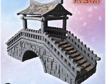 Ornamental stone bridge with steep stairs, wooden railings, and tiled roof structure (2)