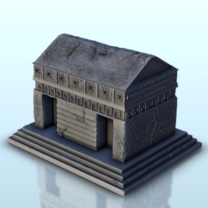 May include: A gray stone model of a small ancient Greek temple with a stepped base and a gabled roof. The temple has a decorative frieze and a doorway.