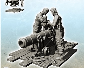 Pirate cannon with its three servants firing (12) - STL 3D Printing Pirate Jungle Island Beach Piracy Caribbean Medieval