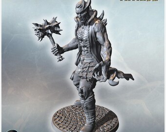 Horned demon warrior wielding a spiked mace, muscular physique, and detailed accessories (41) - STL 3D Printing Medieval Fantasy Imaginary W