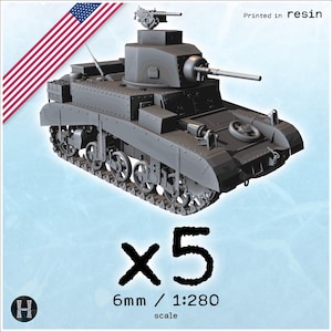 M3 Stuart 1 I light tank x5 - Resin-printed 6mm WW2 Axis & Allies 39 -45 Combat Command US USA Normandy West Western Pacifique 1/280 Epic