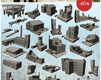May include: A collection of 24 gray 3D models of industrial buildings, including factories, warehouses, and other structures. The models are arranged in a grid pattern on a blue background. The text "INDUSTRIAL BUILDINGS pack No. 1 -60%" is displayed at the top of the image.