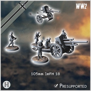 105mm 10,5 leFH 18 light field howitzer (with 5 crew figures) - STL 3D Printing World War Two Second German canon Germany Konlfikt 47