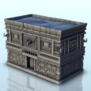 May include: A gray, detailed model of a stone building with a flat roof and multiple windows. The building has intricate carvings and a textured stone facade.