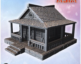 Single-story house with tiled roof, wooden railings, and decorative plants on stone pathways (10)