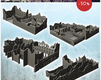 May include: Four different views of a model kit for a ruined abbey, made of gray plastic. The kit is labeled "Monte Cassino ruined abbey, pack No. 1 -50%".