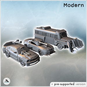 Set of three post-apocalyptic vehicles with improvised armaments and an armored RV (2) - STL 3D Printing SF Futuristic Futur Post apocalypse