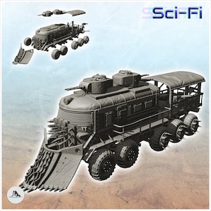 Treno post-apo su ruote con torrette corazzate - Stampa 3D STL SF Futuro futuristico Post apocalisse Postapo Cyberpunk Cyber Zombie