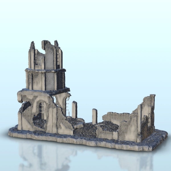 Ruined building with tower - STL 3D Printing Printer Miniatures Tabletop Cold Era Modern Warfare Conflict World War 3 WW2 Stalingrad Urban
