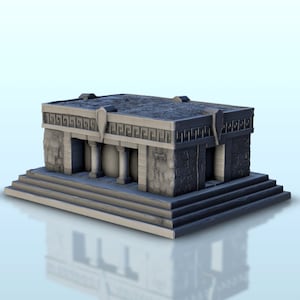 May include: A gray, stone temple with a flat roof and a decorative frieze. The temple has two pillars in front and is on a raised platform with steps.