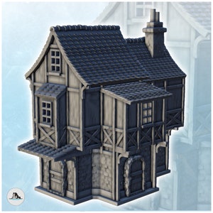 Medieval half-timbered house with canopy and stone base (2) - STL 3D Printing Pirate Jungle Island Beach Piracy Caribbean Medieval