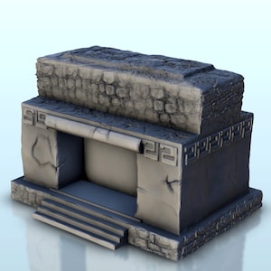 May include: A detailed 3D model of an ancient temple or structure. The building features a layered design with stone-like textures, including a series of steps leading to an open entrance. Decorative patterns and carvings are visible on the facade.