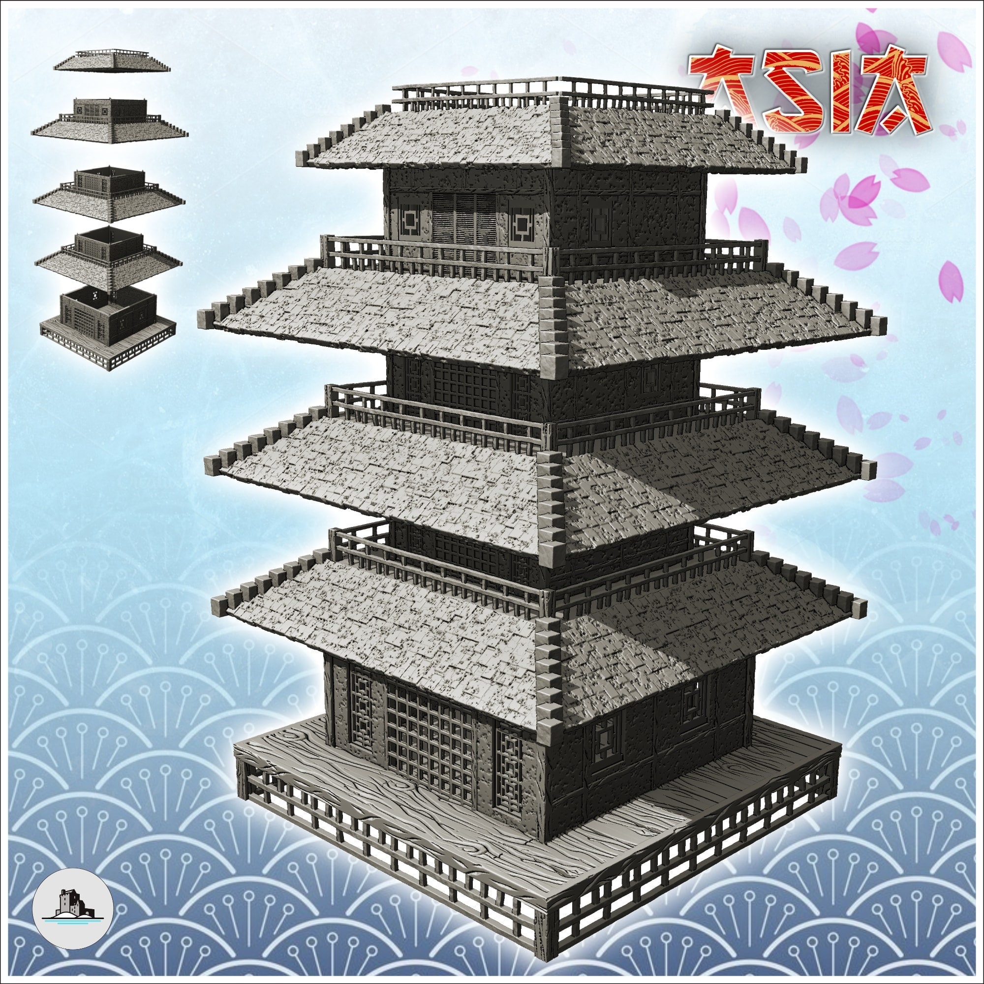 Grande pagoda orientale a quattro piani - architettura di arredamento con stampa 3D STL Bolt Action CLASH di Katanas Samurai Pacific DND