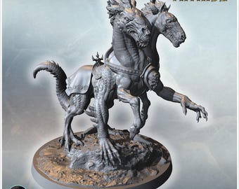 Two-headed dragon-like beast with detailed scales, sharp claws, and decorative saddle (40= - STL 3D Printing Medieval Fantasy Imaginary Worl