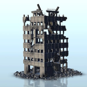 Destroyed modern appartment block 2 - STL 3D Printing scenery terrain architecture Bolt Action Flames of War