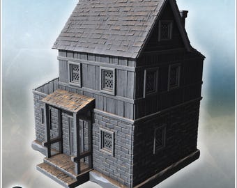 Two-storey medieval wooden townhouse with front porch and detailed stone base (7) - STL 3D Printing Modern Conflicts 20th 21st Century