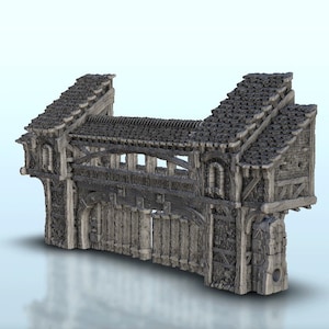 May include: A detailed model of a medieval wooden gate with a stone archway and a thatched roof. The gate is closed and has a wooden frame with a stone base.