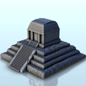 May include: A gray stone temple with a stepped pyramid base. The temple has a flat roof and a doorway with columns. The pyramid base has four tiers.