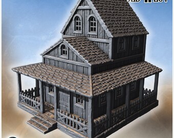 Wooden house with upper dormers, wrap-around porch and decorative picket fences (19) - STL 3D Printing Western Wild West Historical