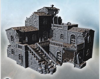 Partially collapsed stone building with exposed stairways ruined rooms and open roof (27) - STL 3D Printing Modern Conflicts 20th 21st Centu