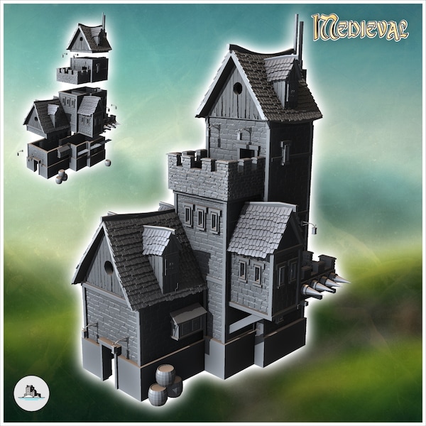 Large fortified medieval building with battlements - STL 3D Print Dark Gothic Feudal Old Saga DnD Mini Arkham RPG Frostgrave Malifaux DBA