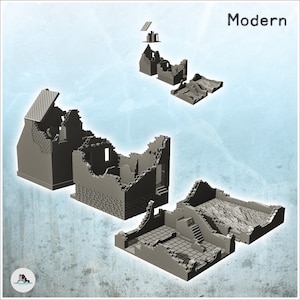 Set van vier verwoeste gebouwen met puin en jij - STL 3D Printing Cold Conflict World War III Invasion Europe