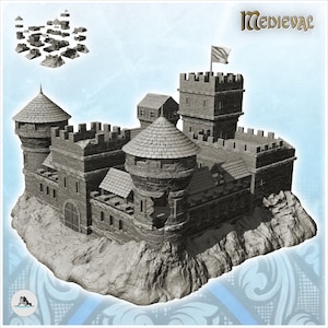 Large damaged castle with double towers and keep with flag (18) - STL 3D Print Dark Gothic Feudal Old Saga DnD Mini Arkham RPG