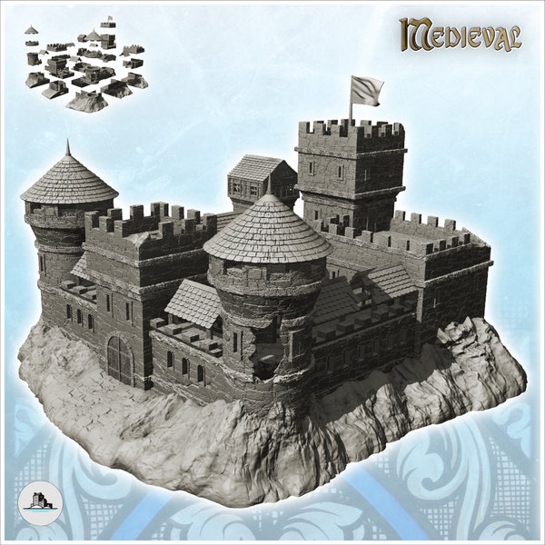 Grande castello danneggiato con doppia torre e prigione sotterranea con bandiera - Modello 3D STL Medioevo Gotico medievale Feudale Antica Saga D&D Arkham RPG