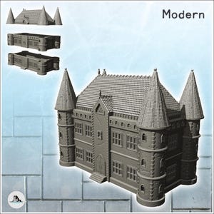 Large modern castle with quadruple corner towers and central entrance (8) - STL 3D Printing Printer Ww2 Ww1 Modern Miniatures Tabletop Cold