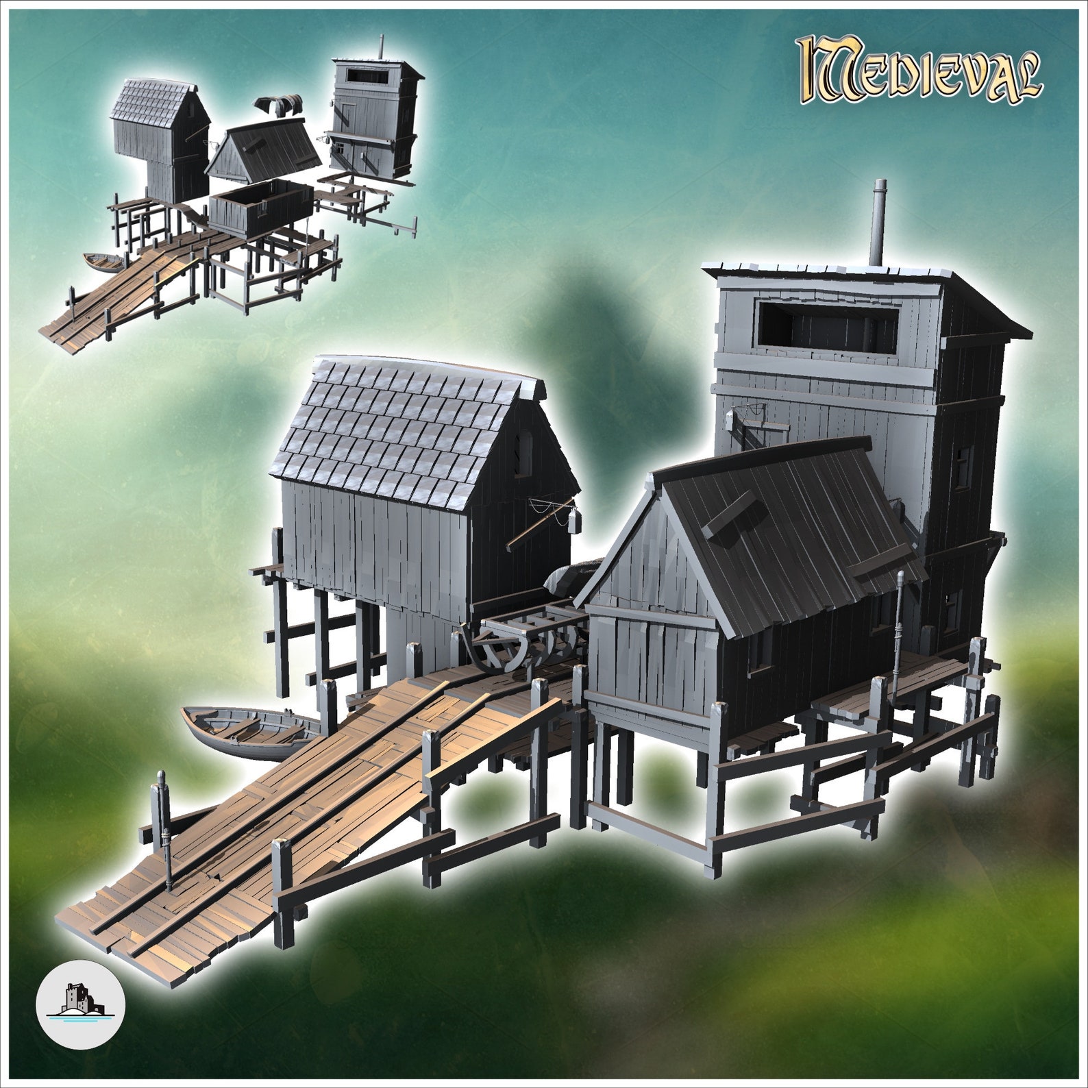 Medieval Port Village With Boat Ramp and Houses (1) - STL 3D Print Dark ...