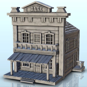 Western bank building with floor and canopy (7) - Wild West STL 3D Printing