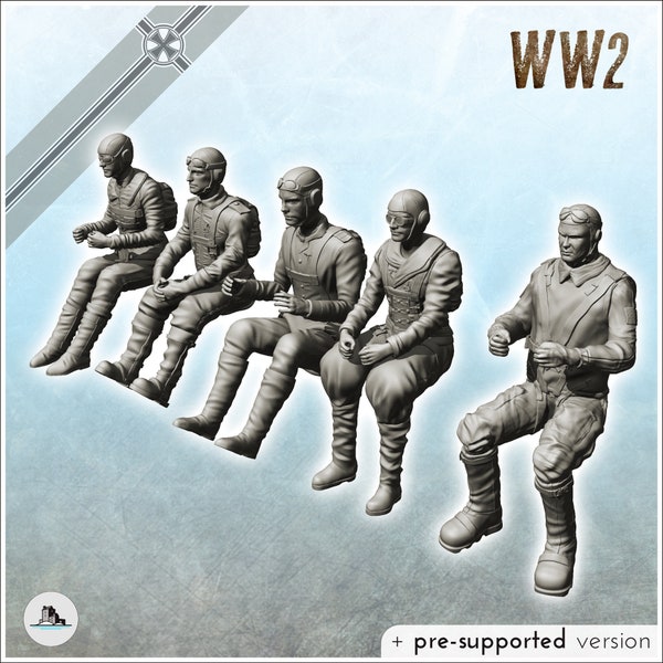 Set of five German aircraft pilots with equipment - STL 3D Printing WW2 WWII Front Second World War German Germany Axis Bolt Action